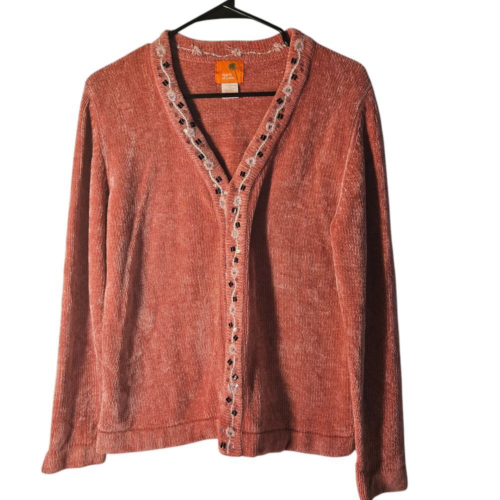 Hearts of Palm Soft Chenille Button Front Cardigan Sweater Pink Embellished Trim